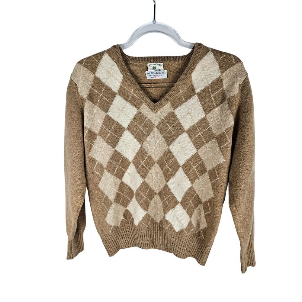 Thomson 100% Pure Lambswool Sweater Medium From Scotland Tan Argyle Grandpa